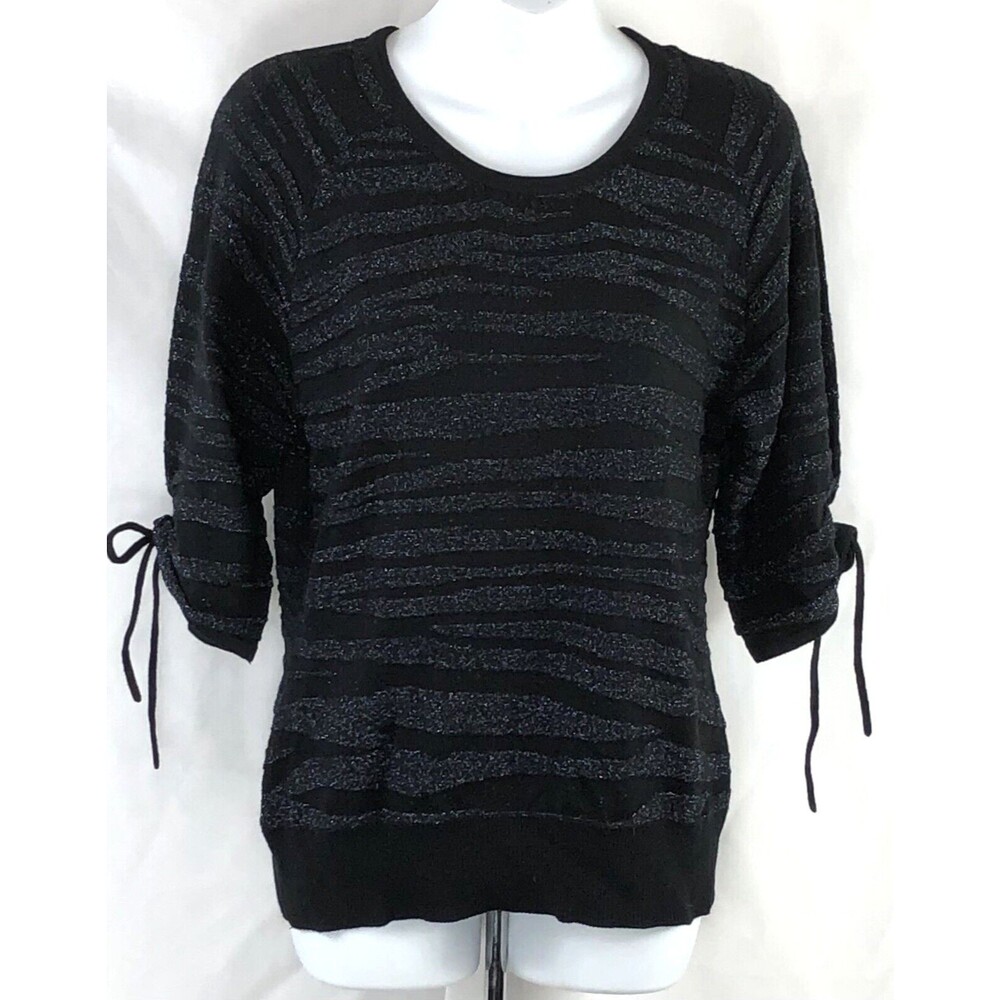 Worthington Sweater Top M Blk Zebra Glitter Metallic Gathered Ties 90s Y2K Glam